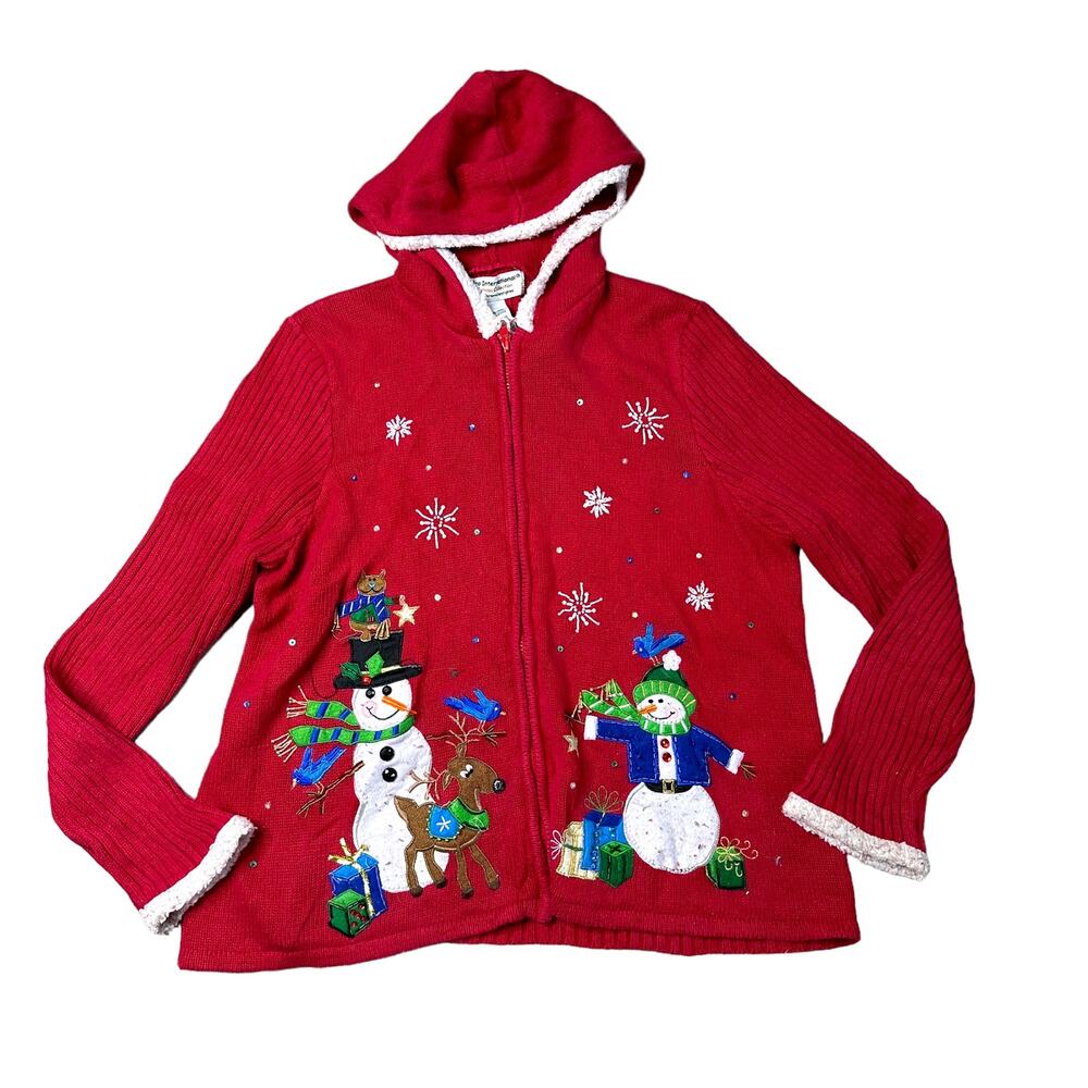Vintage Christmas Snowman Zip Up Cardigan Sweater Red XL